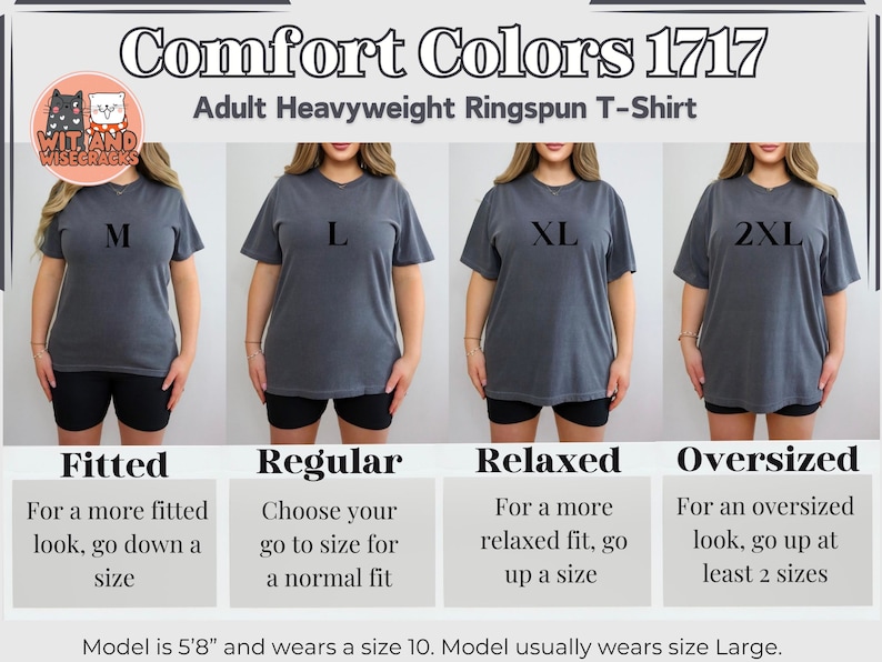 Pode incluir: Uma tabela de tamanhos para uma camiseta de algod&atilde;o ringspun pesado Comfort Colors 1717 para adultos. A tabela mostra quatro modelos usando a camiseta nos tamanhos M, L, XL e 2XL. A tabela tamb&eacute;m inclui descri&ccedil;&otilde;es do caimento para cada tamanho: Ajustado, Regular, Relaxado e Oversized.