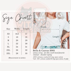 May include: Size chart for Bella + Canvas 3001 unisex t-shirts. The chart shows measurements in inches for width and length for sizes XS to 3XL. The text states that the shirts are a retail fit with shoulder taping and are made of 100% airlume combed and ring-spun cotton.