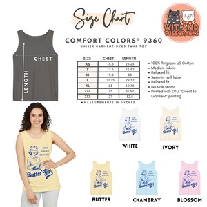 Pode incluir: Uma tabela de tamanhos para uma camiseta sem mangas unisex tingida em pe&ccedil;a com o texto "Comfort Colors&reg; 9360" e "Wit and Wisecracks". A tabela mostra as medidas de peito e comprimento em polegadas para os tamanhos XS a 3XL. A camiseta sem mangas est&aacute; dispon&iacute;vel em cinco cores: branco, marfim, manteiga, Chambray e flor.