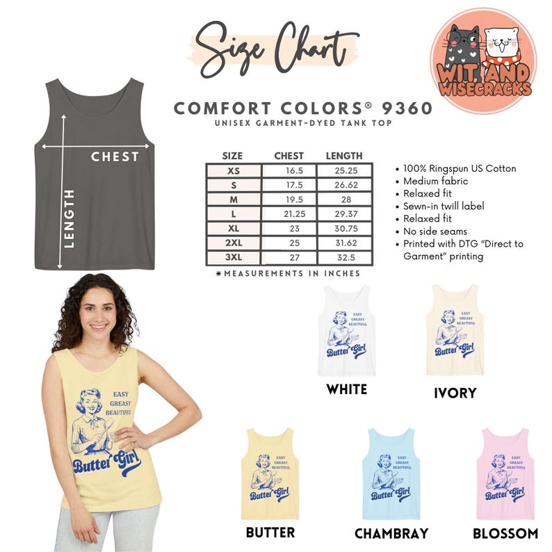 Pode incluir: Uma tabela de tamanhos para uma camiseta sem mangas unisex tingida em pe&ccedil;a com o texto "Comfort Colors&reg; 9360" e "Wit and Wisecracks". A tabela mostra as medidas de peito e comprimento em polegadas para os tamanhos XS a 3XL. A camiseta sem mangas est&aacute; dispon&iacute;vel em cinco cores: branco, marfim, manteiga, Chambray e flor.