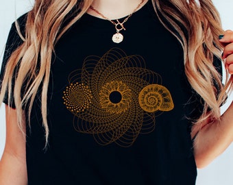 May include: A black t-shirt with a gold geometric design featuring a spiral, a circle, and a seashell.