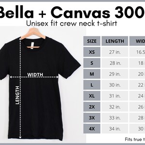 K&ouml;nnte beinhalten: Schwarzes Unisex Bella + Canvas 3001 Rundhals-T-Shirt mit Gr&ouml;&szlig;entabelle, die die Ma&szlig;e in Zoll angibt. Die Gr&ouml;&szlig;en reichen von XS bis 4X.