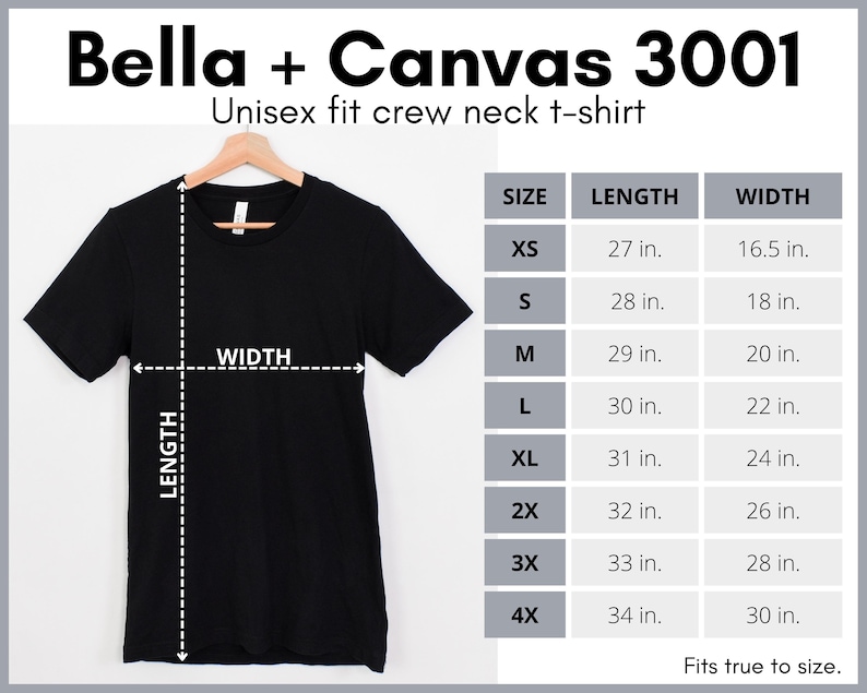 K&ouml;nnte beinhalten: Schwarzes Unisex Bella + Canvas 3001 Rundhals-T-Shirt mit Gr&ouml;&szlig;entabelle, die die Ma&szlig;e in Zoll angibt. Die Gr&ouml;&szlig;en reichen von XS bis 4X.