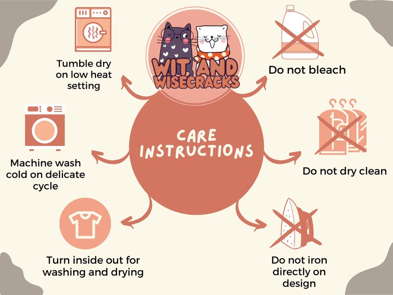 Pode incluir: Um gr&aacute;fico com instru&ccedil;&otilde;es de cuidados para uma camiseta. As instru&ccedil;&otilde;es incluem lavar na m&aacute;quina com &aacute;gua fria em ciclo delicado, secar na m&aacute;quina em temperatura baixa, virar a camiseta do avesso para lavar e secar, e n&atilde;o usar alvejante, limpeza a seco ou passar a ferro diretamente sobre o desenho. O gr&aacute;fico apresenta um gato e um c&atilde;o de desenho animado usando &oacute;culos e uma echarpe.