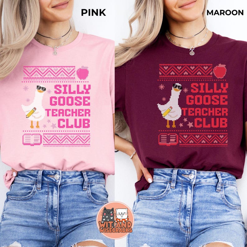 Puede incluir: Dos camisetas para mujeres en color rosa y granate. Las camisetas presentan un ganso blanco con gafas de sol y un l&aacute;piz en la mano. El texto en las camisetas dice "Silly Goose Teacher Club".