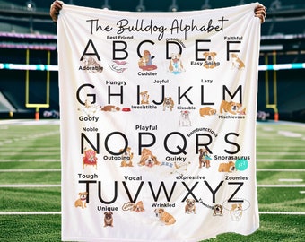 Bulldog Alphabet Velveteen Plush Blanket: Bulldog Lover Gift