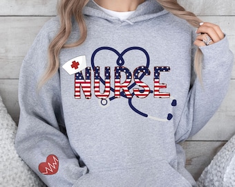 Patriotic Nurse Hooded Sweatshirt: USA Flag Stethoscope