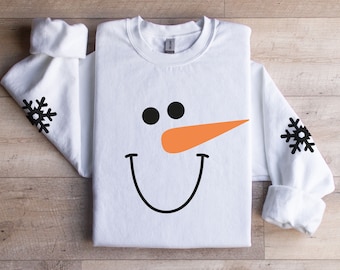 Sweat-shirt avec visage de bonhomme de neige - Col rond graphique des Fêtes d'hiver
