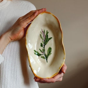 Unique Handmade Ceramic Dish with Botanical Design
