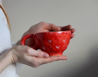 Handmade Ceramic Red Mug with Small Hearts