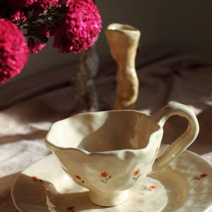 Handmade Ceramic Cup & Saucer Set Floral Cottagecore Design