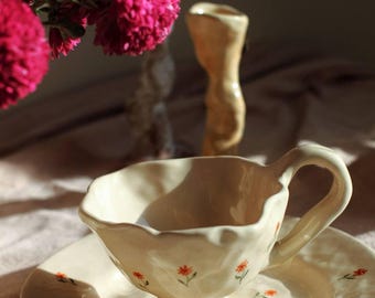 Handmade Ceramic Cup & Saucer Set Floral Cottagecore Design
