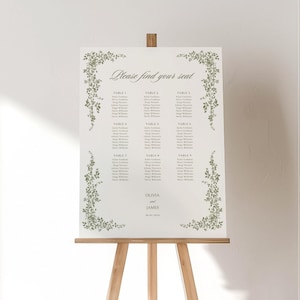 Eleganter Hochzeits-Sitzplan, klassischer grüner Sitzplan, Vintage-Hochzeitstischplan, bearbeitbare Canva-Vorlage