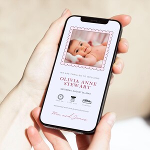Plantilla de anuncio de nacimiento, bonito anuncio de recién nacido con foto digital, mensaje de texto editable para anuncio de niña recién nacida, tarjeta electrónica para teléfono.
