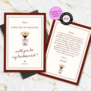 Modello di biglietto di proposta per damigella d'onore Espresso Martini, biglietto "Vuoi essere la mia damigella d'onore", biglietto di proposta per damigella d'onore disegnato a mano, regalo per damigella d'onore