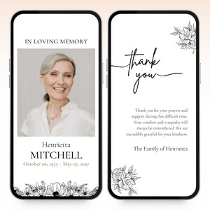 Plantilla de tarjeta de agradecimiento por funeral minimalista, tarjeta conmemorativa digital, plantilla de servicio conmemorativo editable, agradecimiento por celebración de la vida