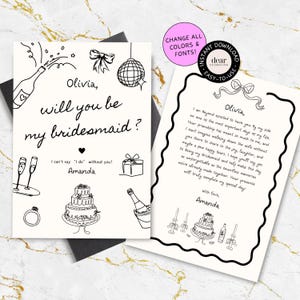 Plantilla vintage para tarjeta de propuesta de dama de honor, tarjeta "¿Quieres ser mi dama de honor?", tarjeta de propuesta de dama de honor dibujada a mano, regalo para dama de honor