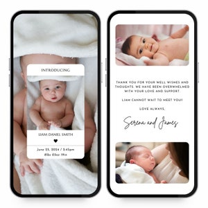 Birth Announcement Template, Newborn Announcement with Photo Digital, Newborn Baby Announcement Thank You Text Editable Phone Ecard Template