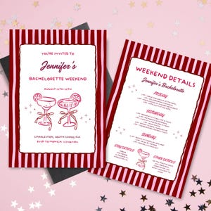 Bachelorette Party Invitation and Weekend Itinerary – Pink Stripes Cocktail Theme – Girls Trip Itinerary – Editable Canva Template