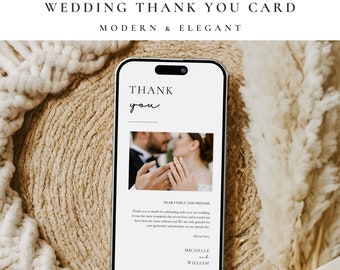 Carte de remerciement de mariage moderne pour téléphone, note de remerciement de mariage numérique minimaliste, merci modifiable avec photo, téléchargement immédiat