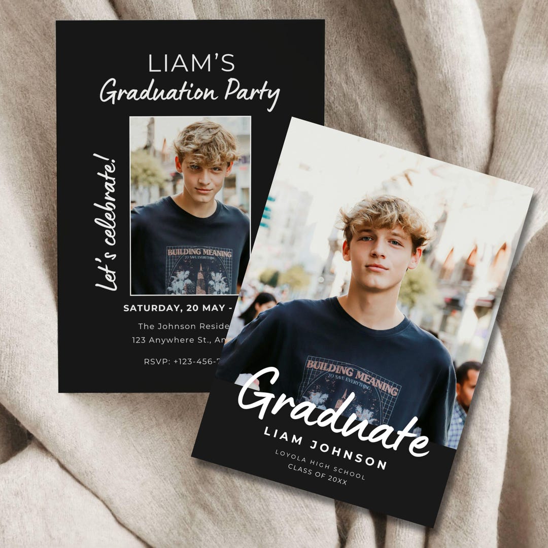 Boy Graduation Announcement Template Grad Party Simple Black Invitation ...