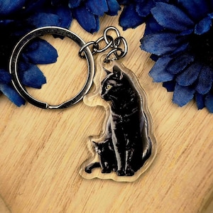 Black Cat and Kitten Keychain, Black Cat Acrylic Charm, Pet Lover Gift, Cute Cat Accessory, Cat Mom Key Ring