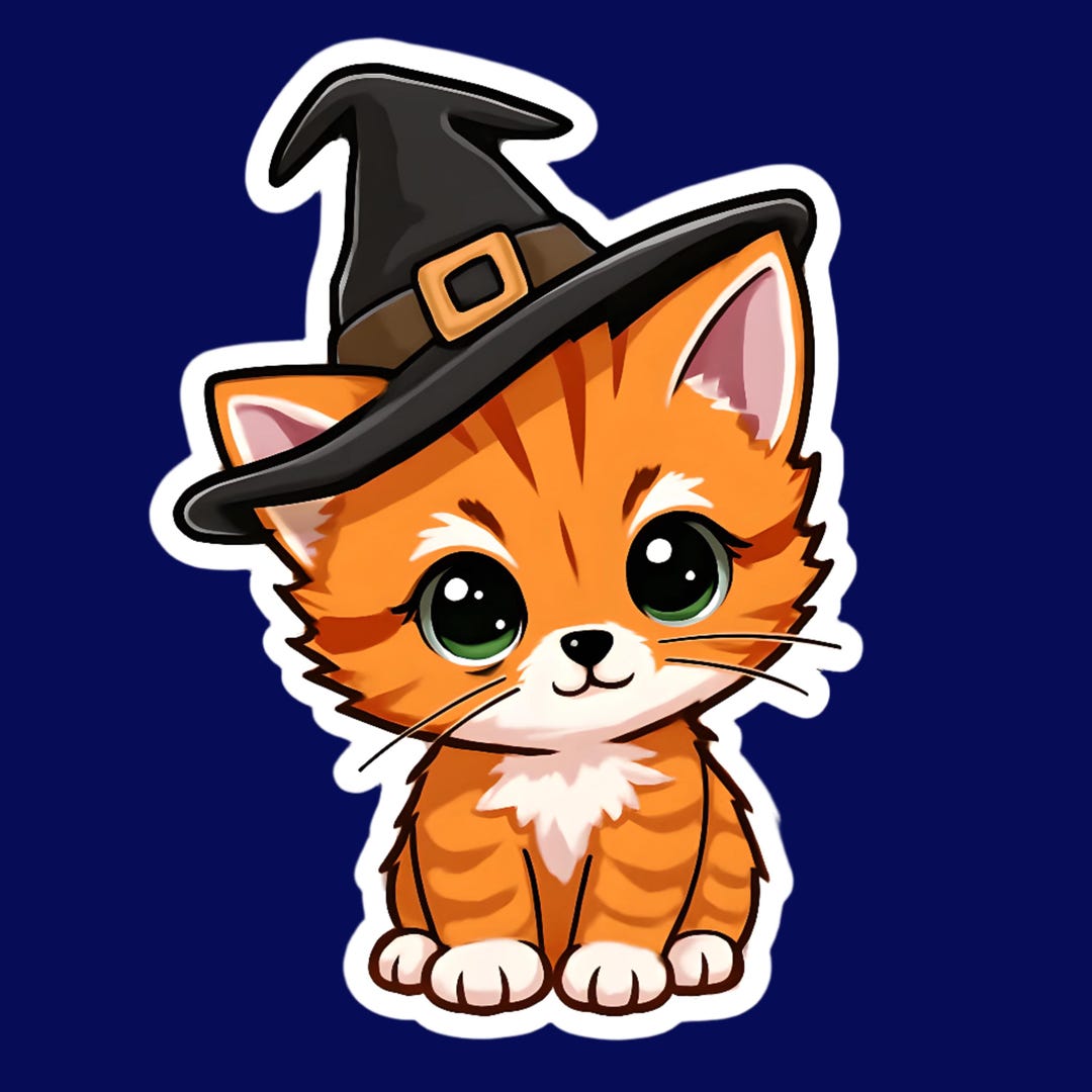 Witch Cat Halloween Vinyl Decal Sticker, Cute Orange Tabby Vinyl Decal ...