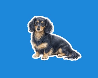 Dachshund Blue and Cream Longhair Dog Sticker | Cute Wiener Dog Die-Cut Vinyl Sticker | Laptop, Water Bottle, Journal Decal