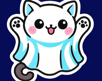 Ghost Cat Halloween Sticker, Kawaii Cat in Costume Decal, Cute Spooky Season Vinyl, White Cat Ghost Planner Sticker