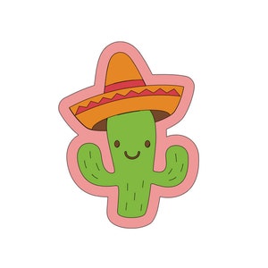 May include: A green cactus wearing a brown and red sombrero. The cactus has a smiling face and is outlined in pink.