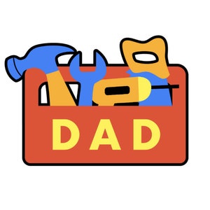 Op de afbeelding: Een rode gereedschapskist met het woord "DAD" in gele letters. De gereedschapskist is gevuld met gereedschap, waaronder een blauwe hamer, een blauwe moersleutel, een gele boormachine en een gele zaag.