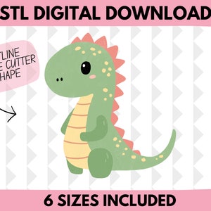 May include: Green dinosaur cookie cutter with a red crest and yellow stripes. The text "OUTLINE COOKIE CUTTER SHAPE" is in a pink speech bubble. The text "6 SIZES INCLUDED" is at the bottom of the image.