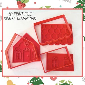 May include: 3D printable gingerbread house cookie cutter set. The set includes four red plastic cookie cutters: a gingerbread house, a roof with scalloped edges, a window, and a door. The cookie cutters are on a white background. 3D PRINT FILE DIGITAL DOWNLOAD.