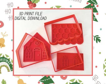 May include: 3D printable gingerbread house cookie cutter set. The set includes four red plastic cookie cutters: a gingerbread house, a roof with scalloped edges, a window, and a door. The cookie cutters are on a white background. 3D PRINT FILE DIGITAL DOWNLOAD.