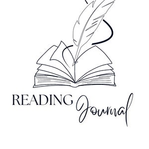 Könnte beinhalten: Schwarz-weiß-Zeichnung eines geöffneten Buches mit einer Federkielstift darauf. Der Text "READING Journal" befindet sich unter dem Bild.