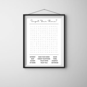 Bathroom decoration, print, toilet talk, instant download, word search, characters, puzzle, forgot your phone, english version