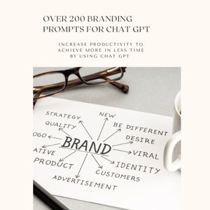 以下が含まれることがあります： OVER 200 BRANDING PROMPTS FOR CHAT GPTというタイトルの文書。中央にBRANDという単語があり、その周囲にSTRATEGY、QUALITY、NEW、BE DIFFERENT、DESIRE、VIRAL、IDENTITY、CUSTOMERS、ADVERTISEMENT、PRODUCT、CREATIVEといった用語が配置されたマインドマップが描かれています。