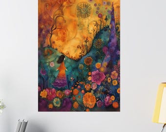 Enchanted Dreams Watercolor Art Print: Whimsical Girl in Floral Landscape