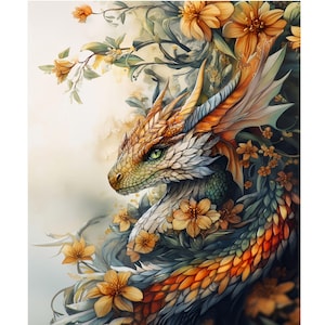 Schöner Drache mit orangen Blumen Kunstdruck. Fabelwesen Poster. Fantasie Illustration. Geschenk für Fantasy Liebhaber. Mystisches Dekor