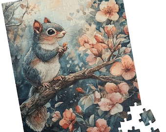 Grey Squirrel in a Floral Tree Puzzle. Watercolor Art Jigsaw. Gift for Animal and Nature Lovers. Cute Woodland Relaxing Tech Free Activity