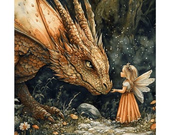 妖精とドラゴンのアートプリント：気まぐれなファンタジーイラスト