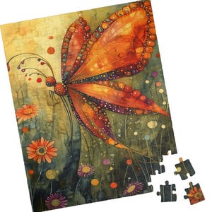 May include: A colorful butterfly puzzle with a detailed design of orange, red, and purple. The butterfly is surrounded by green foliage and small flowers.