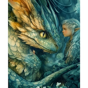 Little Elf, Tiny Fairy and Young Dragon Art Print. Mythical Creature Poster. Fantasy Illustration. Gift for Fantasy Lovers. Magical Decor