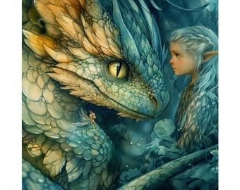 小さなエルフ、小さな妖精、そして若いドラゴンのアートプリント。神話