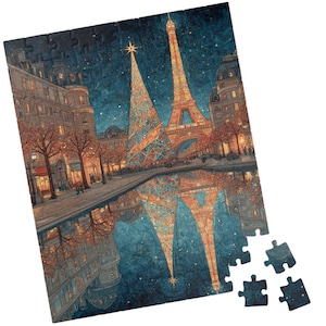 May include: A completed jigsaw puzzle featuring a nighttime scene of Paris with the Eiffel Tower and a Christmas tree. The puzzle has a blue and gold color scheme, with a reflection in the water. Several puzzle pieces are separate.