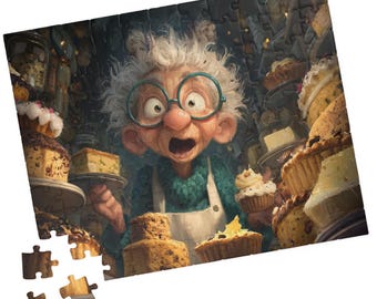 May include: A colorful jigsaw puzzle featuring a cartoon image of a surprised elderly woman surrounded by baked goods. The woman wears glasses and an apron, holding a cake. Various cakes and cupcakes fill the background. Several puzzle pieces are separate.