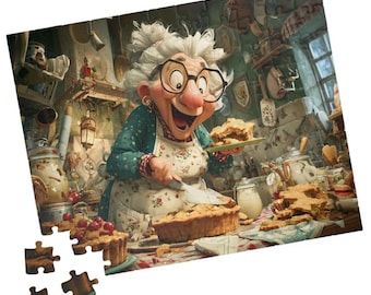 May include: A colorful jigsaw puzzle featuring a cartoon image of a smiling elderly woman in a kitchen. She is cutting a pie, with other baked goods and ingredients around her. The puzzle includes several loose pieces.