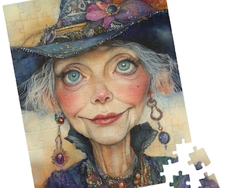 Patricia - Enchanting Witch in Floral Hat Puzzle, Magical Whimsical Old Lady Jigsaw, Funny Elderly Grandmother Witch, Halloween Gift
