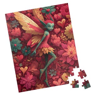 May include: A colourful jigsaw puzzle depicting a fairy with teal skin, a red and yellow dress, and large wings. The fairy is set amongst flowers and hearts in shades of red, pink, and yellow. Several puzzle pieces are separate from the main puzzle.
