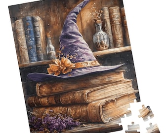 Purple Witch's Floral Hat Resting on a Stack of Spell Books Jigsaw Puzzle, Halloween Gift for Book Lovers, Kid and Adult, Relaxing activity